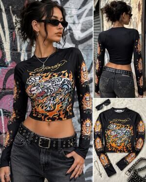 Ed Hardy by Christian Audigier XS White Tiger Flame Crop Top Y2K Long Sleeve